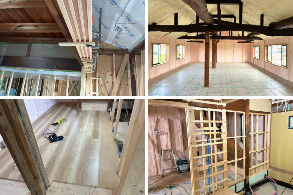耐震補強と断熱工事を行う木造住宅リノベーションの造作工事施工中の写真。大工の丁寧な作業の様子。